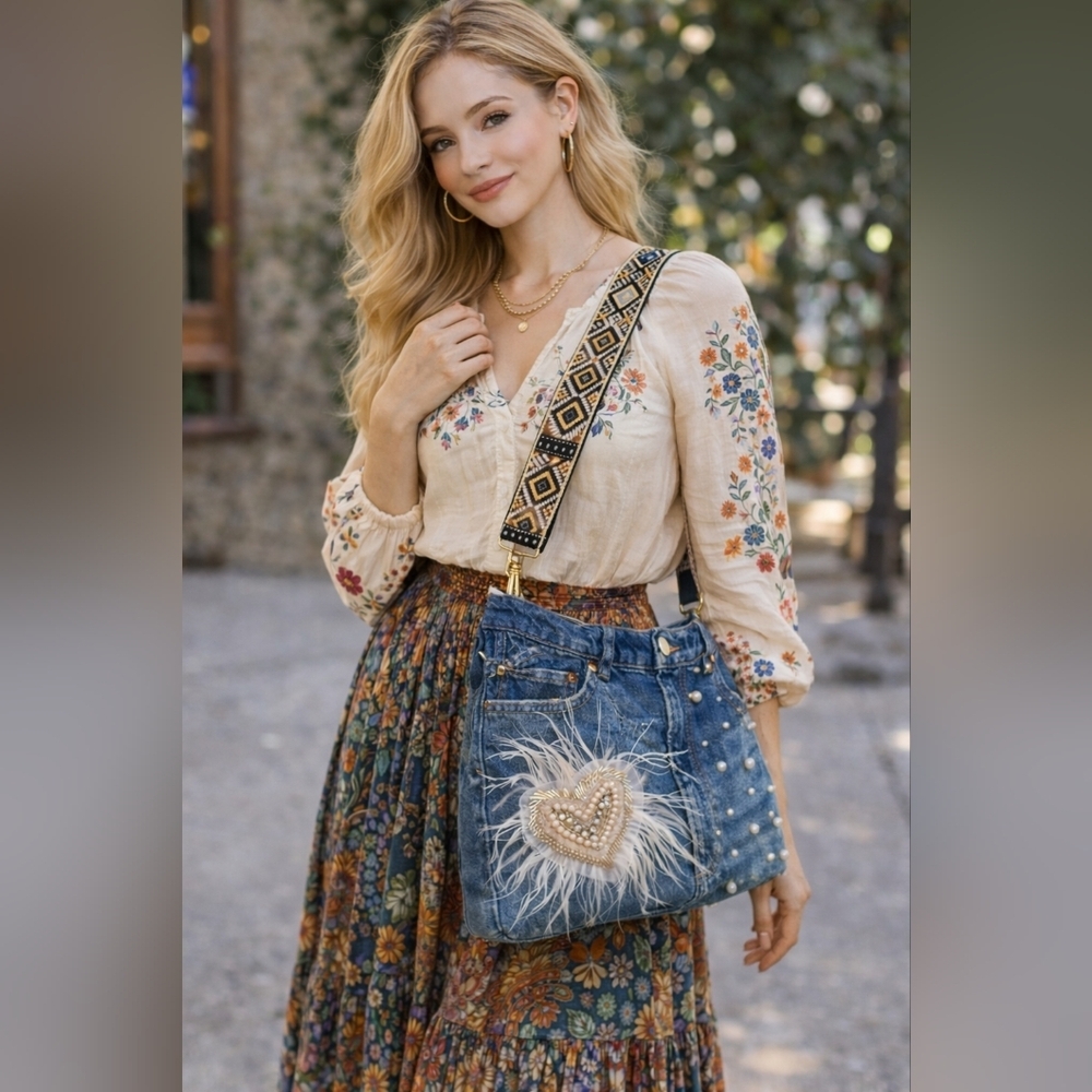 Embellished Denim Crossbody Bag Handcrafted Upcycled Accessory